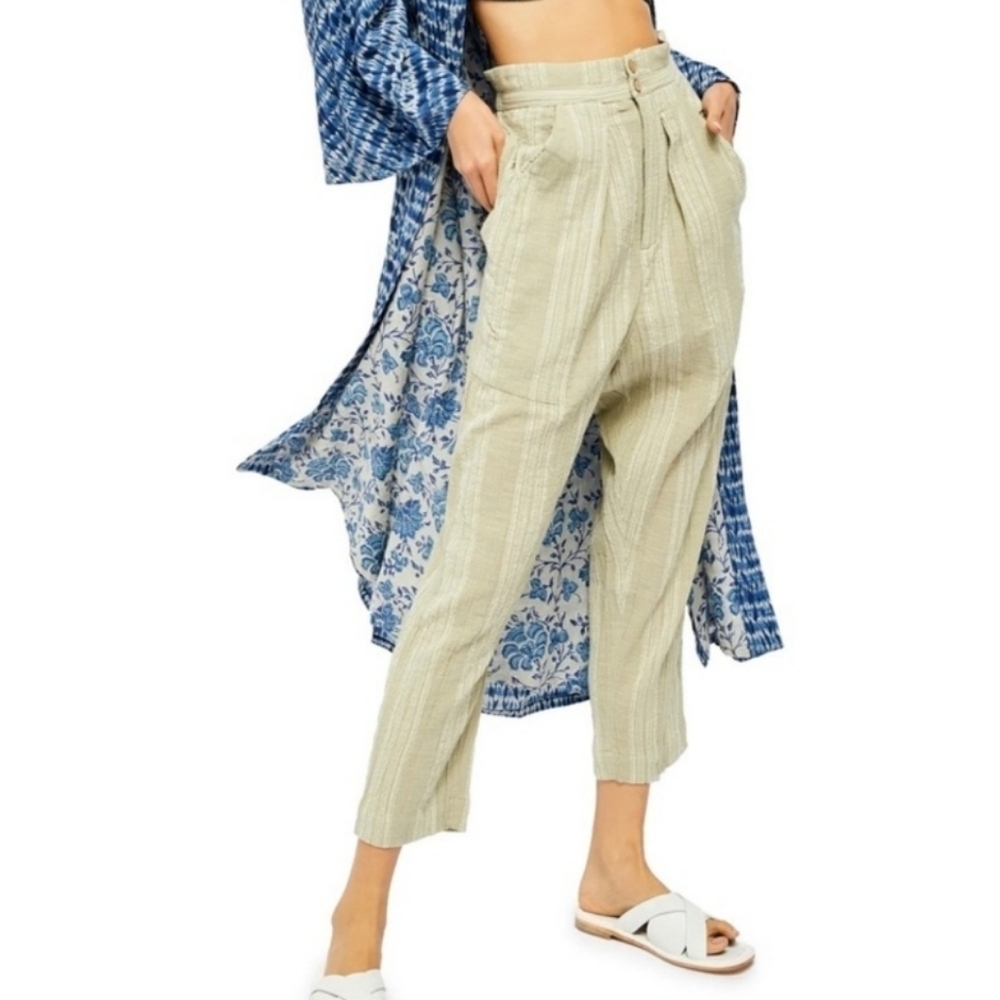 Free People Striped Semi-Sweet Cropped Sage Pants XS EUC